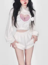 Женские брюки с двумя частями теплый белый сладкий набор женщин в корейском стиле Kawaii милая короткая женщина Lolita японская капюшона осень 230202