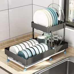 排水板排水板付き2層皿乾燥ラックキッチンカウンタートップ調理器具オーガナイザーストレージホルダーラックbycauhrbmj