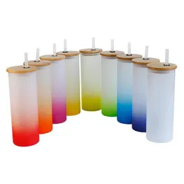 Tumblers 17oz sublimering Glas Tumbler Blank Frostade glasögon Vattenflaska Gradientfärger Tryck med bambu lock St Drop Delivery Dhrpo