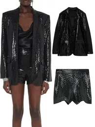Tvådelad klänning vinter kvinnors kläder all-match elegant svart paljettdräkt jacka hög midja casual shortstwo