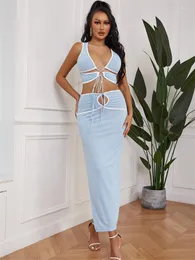 Work Dresses InGrily Sexy 2 Piece Set Women Drawstring Stitching Deep V-Neck Cleavage Tank Tops Side Split Straight High Street Skirt