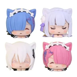 Action Toy Figures 4cm anime figur re zerostarting liv i en annan värld kawaii rem emilia söta kattöron liggande modell barn leksaker pvc doll 230203