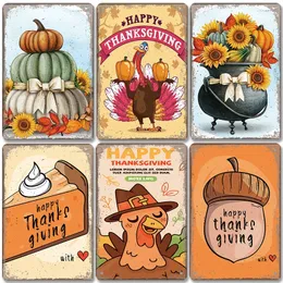 Happy Thanksgiving Day Poster Vintage Metal Tin Signs Pumpkin Sunflower Turkeys Metal Plate Wall Decor For Party Living Room 20cmx30cm Woo