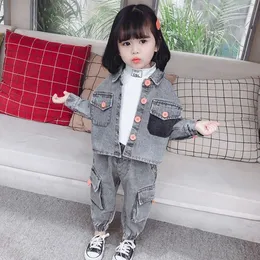 Clothing Sets Baby Girls Clothes 1-7 Years Old Spring And Autumn 2-pieces-sets Denim Large Pocket Wash Color Button Printing