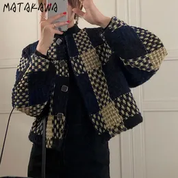 Kurtki damskie Matakawa Kurtka jesienna koreańska koreańska o długim rękawem Tweed Tweed Vintage Contrast Kolor Elegancki zwykły płaszcz Kobiety 230203