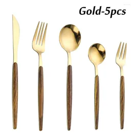Dinnerware Sets 5PCS Exquisite Gold Silver Stainless Steel Cutlery Set Western Flatware Tableware With Wooden Handle Metal Spoon Fork Knife