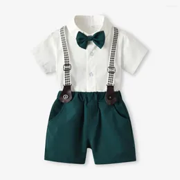 Kläder sätter barn två bitar pojkar sommar kort ärm bowtie skjorta overaller gentleman kläder 6 m till 8 års gammal pojke