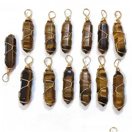 Charms Gold Wire Wrap Natural Stone Tiger Eye Pillar Shape Point Chakra Pendants For Jewelry Making Wholesale Handmade Craft Dhgarden Dhvqw