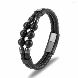 Strand 2023 Stone natural de pulseira masculina de couro ímã de aço inoxidável de aço de aço 6 jóias redondas de miçangas redondas