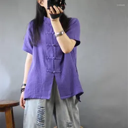 Etnisk kläder Bomullslinnor Vintage Blus Women 2023 Mandarin Collar Kort ärmar Knappar T Shirt Tang Suit Ladies Chinese Tops 10550