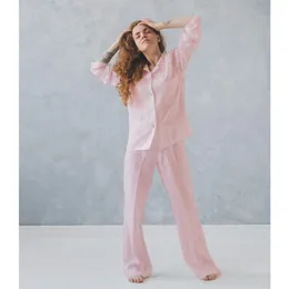 Calça de duas peças femininas linho francês de cor sólida com mangas compridas roupas caseiras soltas lavadas pijamas macios e secos pacote mA