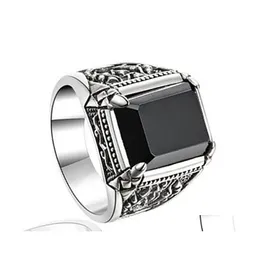 Solitärring Ringe für Männer Retro Klassisch Thai Silber Dark So Imitation Schwarzer Achat Offener Trend Fourclaw Edelstein Herrenschmuck Luckyha Dh1Hq