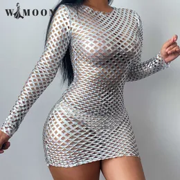 Casual Dresses Autumn Sexy Bodycon Hollow Out Silver Diamond Mesh Club Long Sleeve Mini Pencil Party for Women 230202