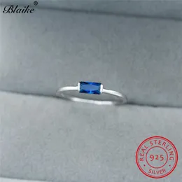 Solitaire Ring Real s925 Sterling Silver Blue Red Blk Zircon Small Rectangle Stone s For Women Wedding Thin Band Stking s Y2302