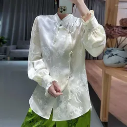 Женские блузки китайский стиль подставка для воротника шелковая жаккардовая рубашка женская весенняя дизайн одиночная грудь с длинным рукавом топ S-xl