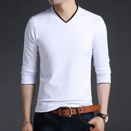 Мужские футболки модные бренд T Рубашки Men v Neck Street Tops Tops Trending Mercerized Cotton Corean с длинным рукавом Tee Clothing 230203