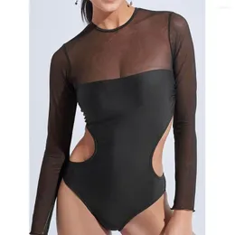 여자 수영복 중공 메쉬 원피스 여성 수영복 섹시한 등이없는 긴 소매 모노 키니 검은 바디 수트 Mujer Beach Bathing Suits 2023