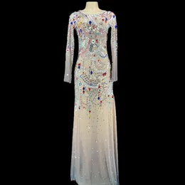 Casual Dresses Colorful Crystals Pearls Sexy Mesh Dress Prom Evening Transparent Multicolor Rhinestones Costume Birthday