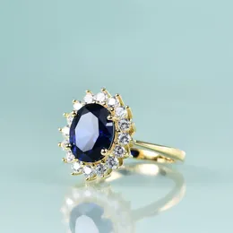 Solitaire Ring Gem'in Güzellik Prensesi Diana İlham Dahil Anlaşması 14K Altın Dolu Gümüş Laboratuar Mavi Safir Doğum Taşı 230202