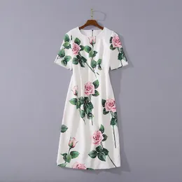 Casual Dresses European and American women's wear summer new style Five-point sleeve rose print fashionable white dress with round neck