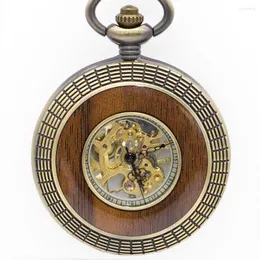 Pocket Watches Vintage Wood Circle Carved Number Dial Mechanical Watch Men Unique Hollow Steampunk Bronze Hand Wind