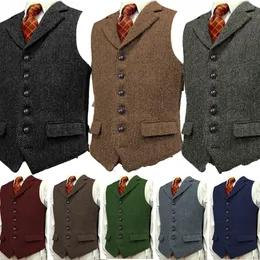 Mens Vests Wool Tweed Slim Fit Leisure Cotton Bourgogne Vest Gentleman HerringBone Business Brown Waistcoat Blazer For Wedding Groom 230203