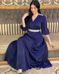 Ethnic Clothing 2023 Middle East Dubai Blue Diamond Belt Puff Sleeve Evening Dress Turkey Long Model Muslim Prestigious Ladies