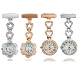 Pocket Watches Clip-on Women Watch Quartz Brooch Fob Hanging Pin Crystal Alloy Hollow Star Heart Clock