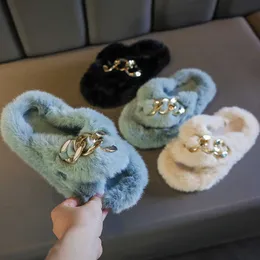 Slipper Girl's Kaptaki puszyste w pomieszczenia metalowa łańcuch szykowny dziecięce suwaki zimowe otwarte palce trzy kolory anty-poślizg 26-36 mody buty dla dzieci 0203