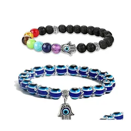 Straski z koralikami 2pcs Złe tureckie oko Hamsa Bransoletka z koraliki 7 Chakras Kamień Lava Stone Fatima ręka Urok Bracelets Drop dostarczenie J Otmwo