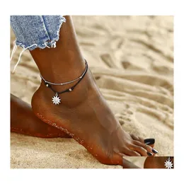 Fußkettchen Mode Böhmen Sonne Anhänger Charme Perlen Fußkettchen Armband Für Frauen Doppelschicht Seil Im Sommer Strand Schmuck Drop Lieferung OT8EQ