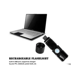 Taschenlampen 3 Modus Taktische Blitzleuchte Fackel Mini Zoom wiederaufladbare Powerf USB LED Taschenlampe AC Lanterna f￼r Outdoor -Reisetropfen Dhu9o