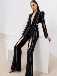 Женские брюки с двумя частями высококачественной моды 2023 Дизайнерский костюм набор костюмов для одной пуговицы Diamonds Beaded Blazer Flare 230204