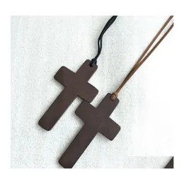Naszyjniki wiszące proste drewniany krzyż dla kobiet krucyfiks drewna z czarnym brązowym sznurkiem Long łańcuchy biżuteria w BK Drop de Ottvm