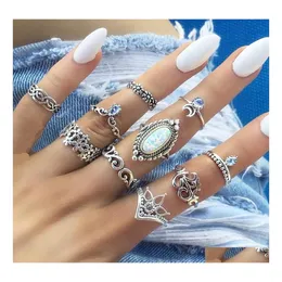 Ringos de cluster Boho Midi Knuckle Deding Sets para mulheres praia Opal Cristal Crescente Antigo Sier Geom￩trico Bohemian J￳ias de moda em Otd9D