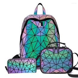School Bags Luminous Backpacks Women Geometric 14inch Laptop Backpack Shoulder Bao Bag Holographic Rucksack Female Trave