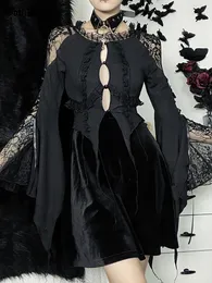 Kvinnors blusar skjortor goth mörk galleria gotisk bloss ärm kvinnor blusar lolita cosplay grunge spets lapptäcke skjortor ruffles bodycon egirl alt crop tops 230204