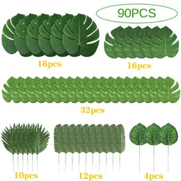 Faux Floral Greenery 90 Pieces 6 Kinds Artificial Palm Leaves Tropical Leaves Decorations For Jungle Party Decorations Beach Birthday Luau Hawaiian 230204
