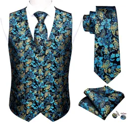 Men's Vests Teal Blue Mens Luxury Brocade Paisley Floral Suit Vest Silk Tie Waistcoat Set Men Clothes Barry.Wang Fashion Designer M-2036Men'