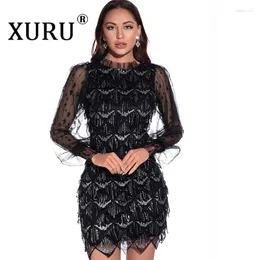 Casual Dresses XURU European And American Women's Fringed Dress Embroidered Sequin Sexy Mesh Long-sleeved