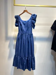 2023 ladies dress Blue denim crew neck Gathered Waist sleeveless Midi Fit&Flare Cami Dress