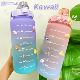 Water Bottles 2L Large Capacity Water Bottle With Bounce Cover Time Scale Reminder Frosted Cup With Cute Stickers For Outdoor Sports Fitness 230204