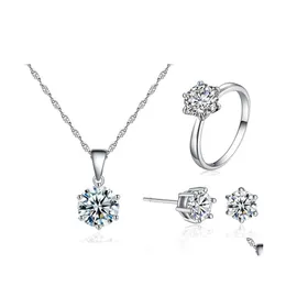 Other Jewelry Sets Fashion Sier Bridal For Women Accessory Cubic Zircon Crystal Necklace Rings Stud Earrings Set Gift Drop Delivery Otvq3