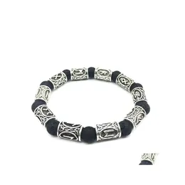 Beaded Strands Pretty 10mm Lava Stone Armband Vintage Antika Sier Beads Beautif Armband Rune Alloy Norse Jewelry for Women Men DHL9R