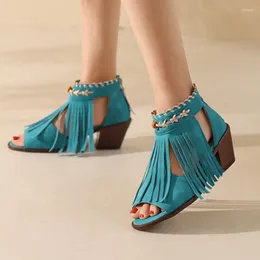 Sandals Lady Fringe Wood Texture Wedges Shoes 6.5cm Green Pinkish Back Zip Flock Pumps For Summer Open Toe Retro British Styles