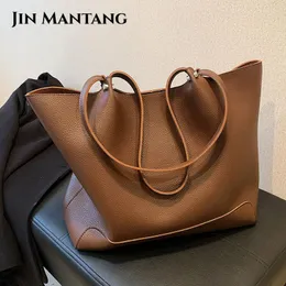 Akşam çantaları jin mantang kadın pu deri çanta büyük kapasiteli tote retro tasarımcı çift kayış omuz çantası kadın alışverişçi bolso mujer