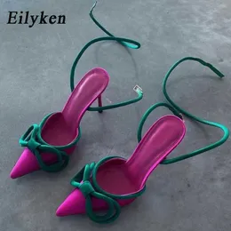 드레스 신발 Eilyken 새로운 여성 펌프 패션 실크 나비 매듭 여성 신발 섹시한 버클 지적 발가락 얇은 하이힐 파티 샌들 G230130