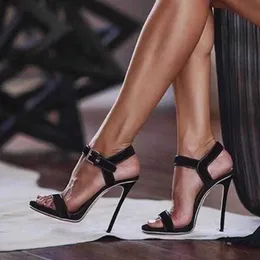 Klädskor sexig 13 cm svarta sandaler kvinnor öppen tå super tunna höga klackar pumpar mode fotled spänne remmparty nattklubb strippare skor 42 g230130