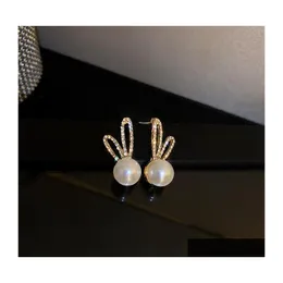 Stud Fashion Jewelry S925 Sier Post ￶rh￤ngen Faux Pearl Sweet Sweet Rhinestone Rabbit Ear Drop Delivery DHPQL