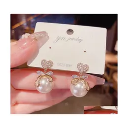 J￳ias de moda de garanh￣o vintage S925 Sliver Post Earrings Microinlaid Zircon Heart Bow Pearl Drop Deliver